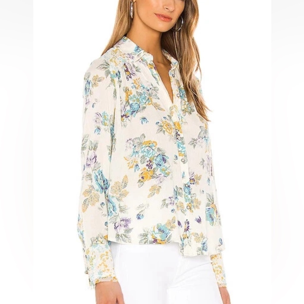 Free People Floral Print Blouse - Cream, Blue, Yellow